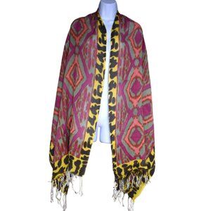 VTG Lucky Wool Blend Fringe Shawl Scarf Animal Print Boho Indie Coverup Wrap